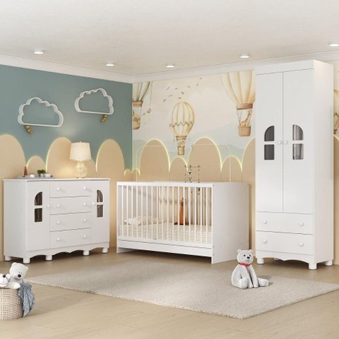 Quarto de Bebê Completo com Berço 3 em 1 para Colchão 130x60cm Aurora Multimóveis Mp4564