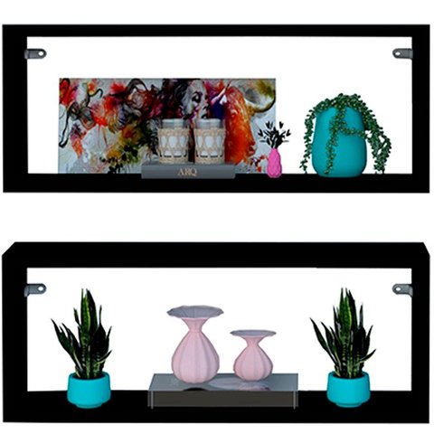 Kit 2 Nicho Retangular Preto 70x15x10p Mdf Decorativo