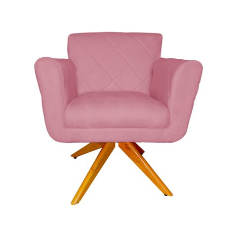 Poltrona Decorativa Isabela em Tressê Pés Madeira Giratório Suede Rosa - DS Estofados