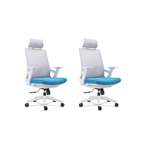 Kit 2 Cadeiras de Escritório Tela Mesh Ergonômico - Cor Cinza e Azul - Base Giratória Cromada Bering