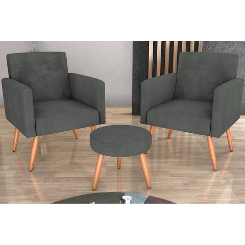 Kit 2 Poltronas + Puff Dallas Suede Cinza B250 - Matrix