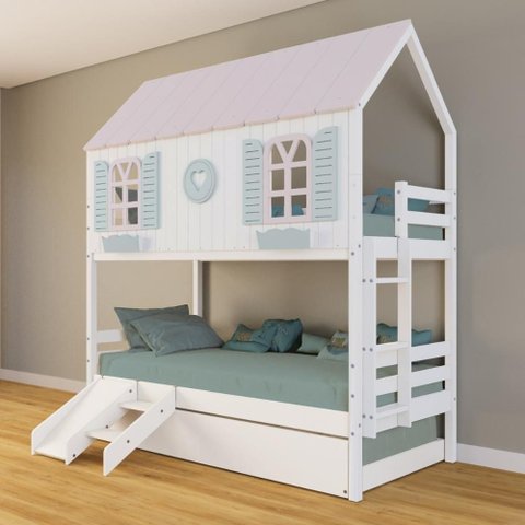 Treliche Casinha Bela com Coração Kit Escada/escorregador - Madeira Maciça Branco/rosa/verde |