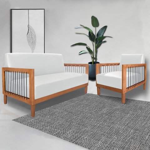 Conjunto Poltrona e Namoradeira Sala de Estar Pés Madeira Maciça Corda Náutica Preta 160cm Manila Pu