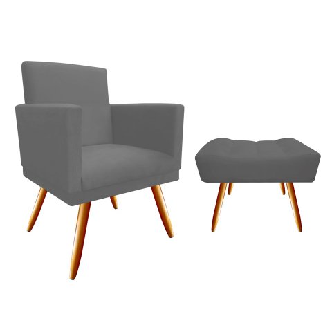 Kit Poltrona Decorativa Bia + Puff Retangular Suede Cinza Pés Madeira Mz Decor