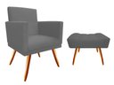 Ver imagem 1 de Kit Poltrona Decorativa Bia + Puff Retangular Suede Cinza Pés Madeira Mz Decor