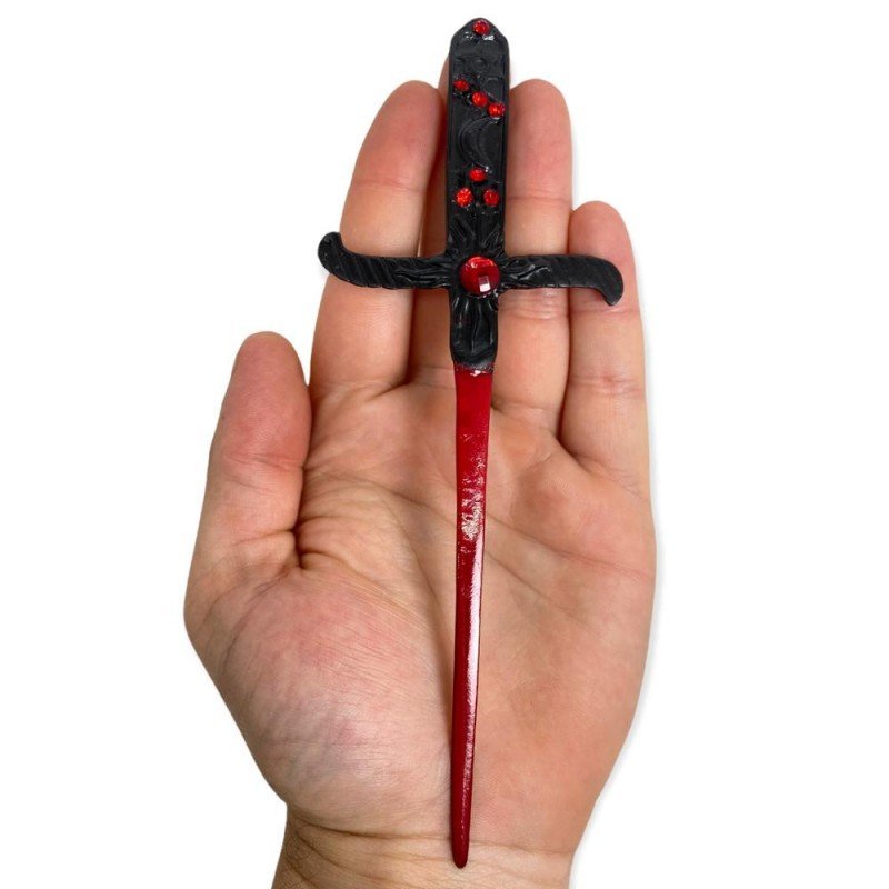 Adaga Cigana Metal Negro e Vermelho com Pedra Vermelha 19cm - 5