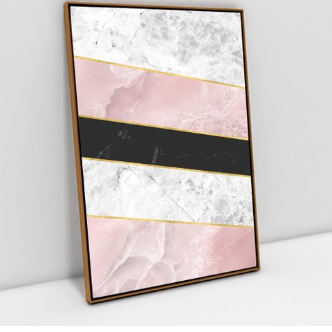 Quadro Decorativo em Canvas Geométrico Mármore Rosa, Branco e Preto TaColado Moldura Flutuante 4,5cm