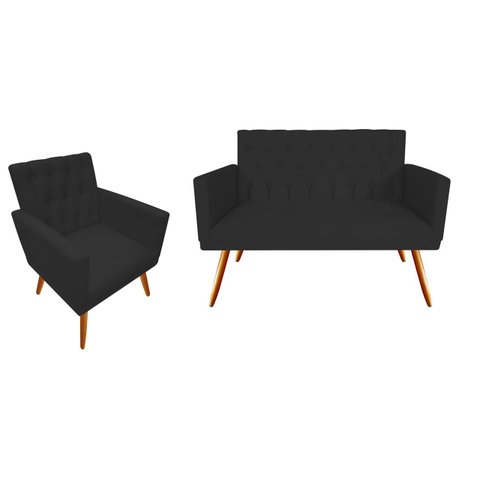 Kit Namoradeira + 1 Poltrona Decorativa Nina Capitonê Suede Preto Pés Madeira Mz Decor
