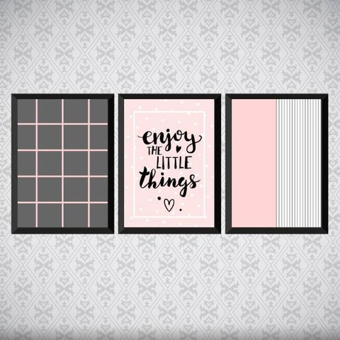 Kit 3 Quadros Enjoy Rosa E Cinza 33x24cm - com vidro:Madeira branca