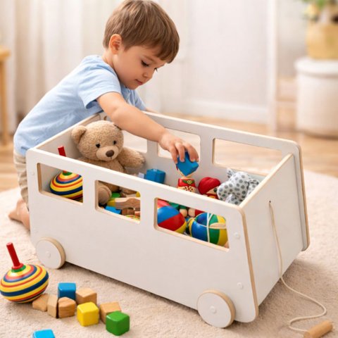 Baú Ônibus Montessori Infantil com Rodinhas – Organizador de Brinquedos Criativo