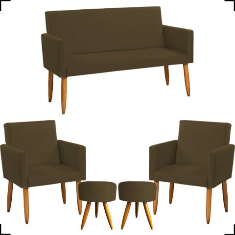 Kit Namoradeira Decorativa + 2 Poltronas Para Sala Reforçadas + 2 Puff Redondo Suede Marrom