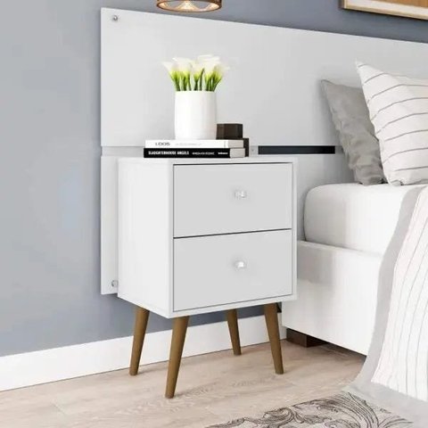 Mesa de Cabeceira 2 Gavetas Pés Palito Retro Bechara Branco