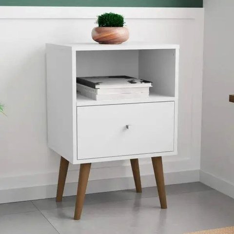 Mesa de Cabeceira Sala Escritório Retro com 01 Gaveta Prateleira Pés Palito em Madeira Mb2014 Branco