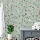 Ver imagem 1 de Papel de Parede Adesivo Pássaros e Flores Verdes Lavável Fosco 3m