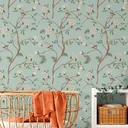 Ver imagem 3 de Papel de Parede Adesivo Pássaros e Flores Verdes Lavável Fosco 3m