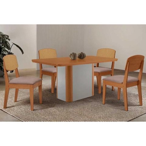 Conjunto: Mesa de Cozinha Pietá Tampo Curvo 120cm+4 Cadeiras Havana Naturale/Off White - Linho
