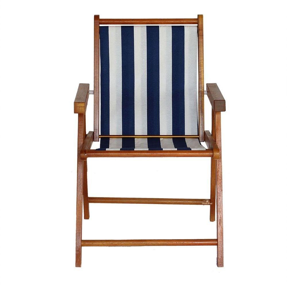 Cadeira Praia Dobrável Madeira Envernizada-l Azul-branco - 6