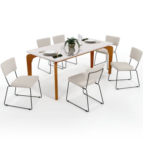 Mesa De Jantar Capri 160cm Off White Nature Com 6 Cadeiras Allana B05 Linho Cru - Lyam Decor