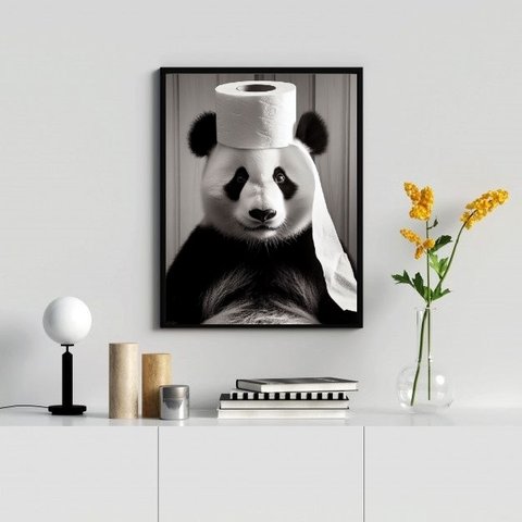 Quadro Banheiro Ursinho Panda 24x18cm:moldura Preta