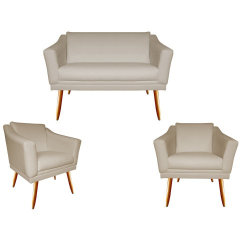 Kit Namoradeira + 2 Poltronas Decorativa Agatha Suede Bege Pés Madeira Ms Decor