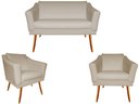Ver imagem 1 de Kit Namoradeira + 2 Poltronas Decorativa Agatha Suede Bege Pés Madeira Ms Decor