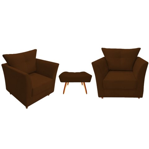 Kit 2 Poltronas Decorativa Isis + Puff Retangular Couro Marrom Pés Madeira Ms Decor