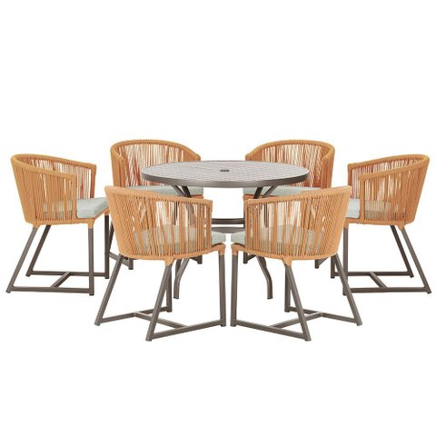 Mesa com 6 Cadeiras de Jantar Roma 120cm e Noronha em Alumínio Marrom Corda Náutica Estofado 3 Trama