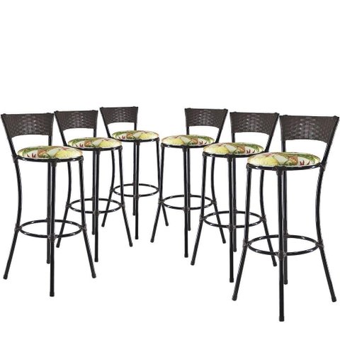 Jogo com 6 Banquetas Alta Forts Fibra Uv Bancada, Área Goumert, Bar, Piscina, Balcão, Floral