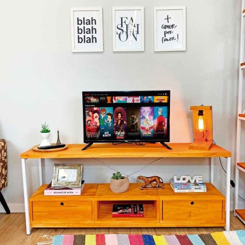 Rack de TV Industrial de Ferro e Madeira Style Square 2 Nichos de Gaveta e 1 Nicho Carvalho e Branco