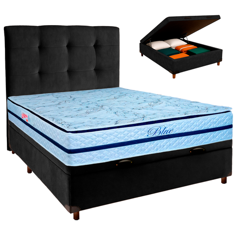 Conjunto Cama Box Bau Blindado Casal + Colchão Molas Ensacadas Blue Paropas + Cabeceira
