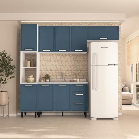 Cozinha Amara 4 Peças 240x224,5cm Armários Aéreos Paneleiro Balcão Branco/Azul 250078