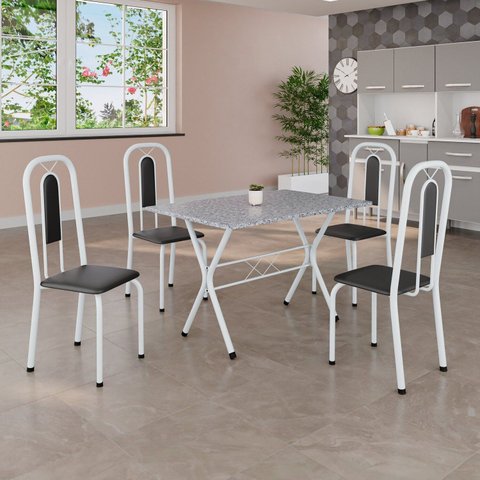 Conjunto de Mesa Tubular 100x60cm Tampo em Granito Ocre com 4 Cadeiras Lívia Branco/Preto