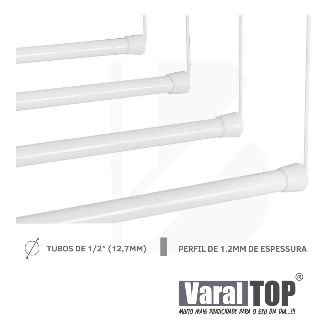 Varal De Parede Individual 120cm x 08 Varetas - Em Alumínio Branco - 6