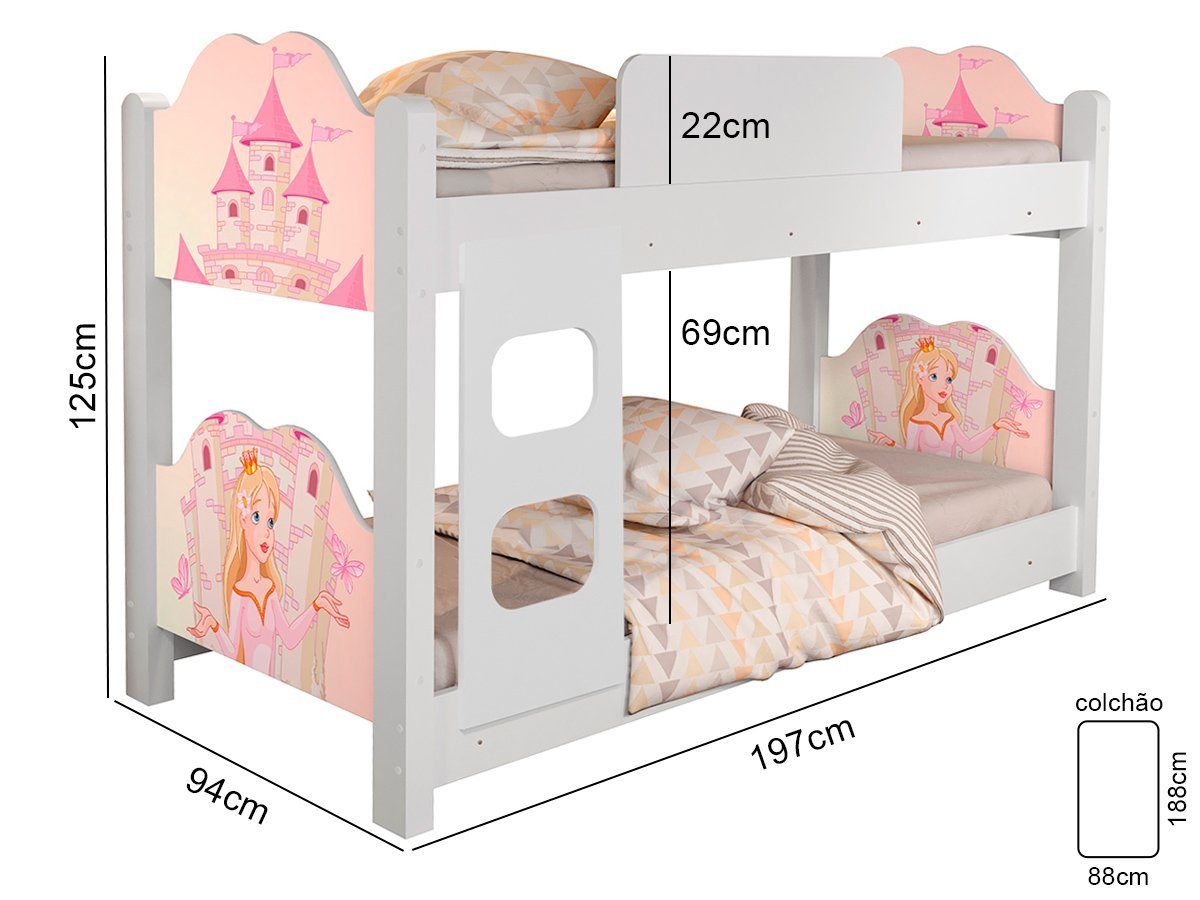 Beliche Solteiro Infantil Princesa Com grade de Proteção e Escada - 4