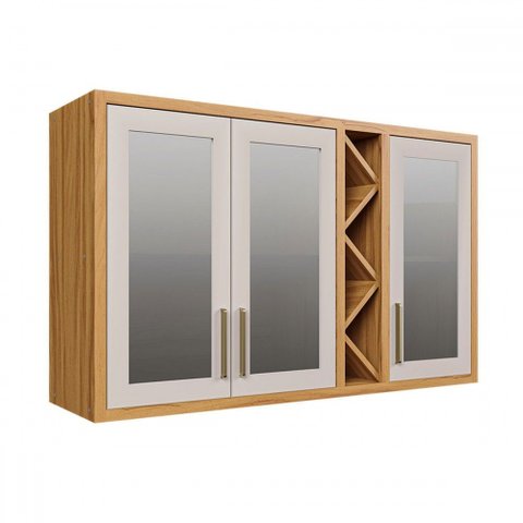 Armário Aéreo de Cozinha 120 Cm Tempranillo 3 Portas com Vidro Reflecta 100% Mdf Amêndoa/off White -