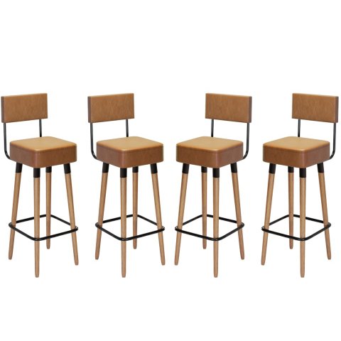 Kit 4 Banquetas Banco Alto Barcelona Couro Amarula Bar Cozinha Pés Madeira Mz Decor