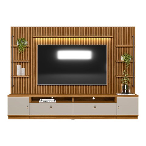 Conjunto Painel Ripado Betina com 1 Rack e 2 Módulos Laterais Nature e Off White 270x198 cm - D'Ross