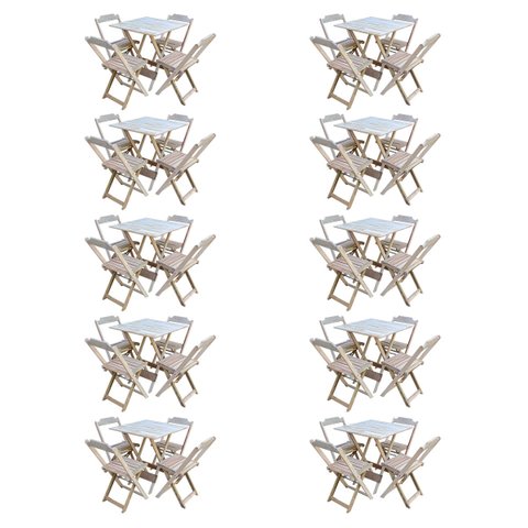 Kit 10 Conjuntos de Mesa com 4 Cadeiras de Madeira Dobrável 70x70 sem Pintura/Crua