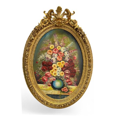 Quadro Decorativo Clássico Oval com Moldura Entalhada e Óleo sobre Tela a: 137cm L: 96cm C: 8cm