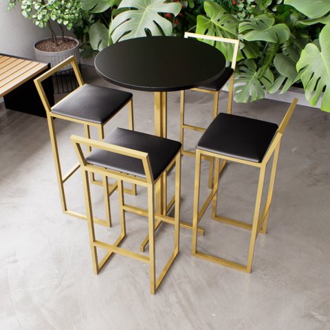 Jogo Mesa Alta Bistrô Redonda Preta 4 Banquetas Estofado Confort Industrial Dourado Don Castro Decor