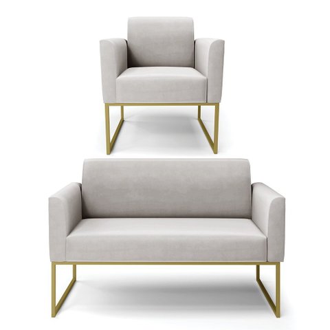 Sofá Namoradeira com Poltrona Base Industrial Dourado Marisa Veludo