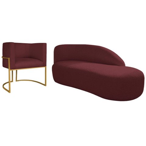 Kit Divã Luna 185cm Lado Direito e 01 Poltrona Base de Ferro Dourado Suede Bordô