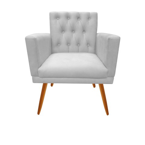 Poltrona Decorativa Nina Capitonê Couro Branco Pés Madeira Ms Decor