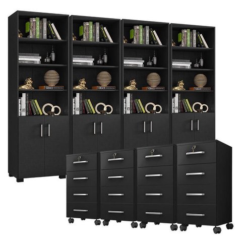 Kit 4 Gaveteiros para Escritório Gávea com Chave e 4 Livreiros Office Portas Pequenas Preto Fosco – 