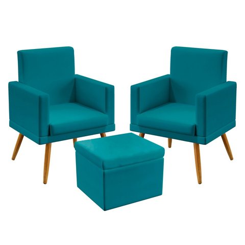 Kit 2 Poltronas Vega Rodapé e Puff Quasar Suede Azul Turquesa Aradecor