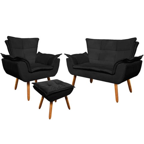 Conjunto Poltrona Puff e Namoradeira Pés Palito Charger Suede Preto - Gran Belo