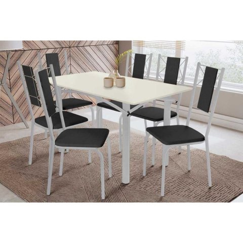 Conjunto: Mesa de Cozinha Elba Tampo Madeirado C/ Vidro 160cm e 6 Cadeiras Lisboa Cromada/off White