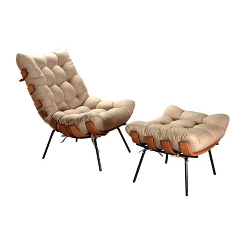 Poltrona Costela com Puff Cor:Linho Marrom 150