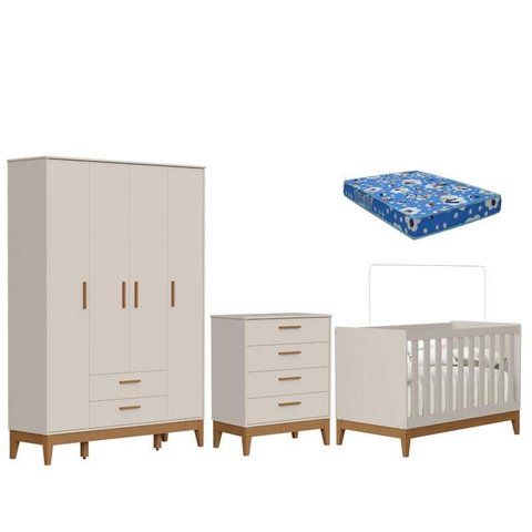 Quarto de Bebê Flip Guarda Roupa 4 Portas Areia Acetinado com Colchão Ortobom - Reller
