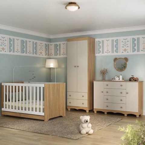 Quarto de Bebê Completo com Berço Americano 3 em 1 Dengo Multimóveis Mp4596 Madeirado/off White